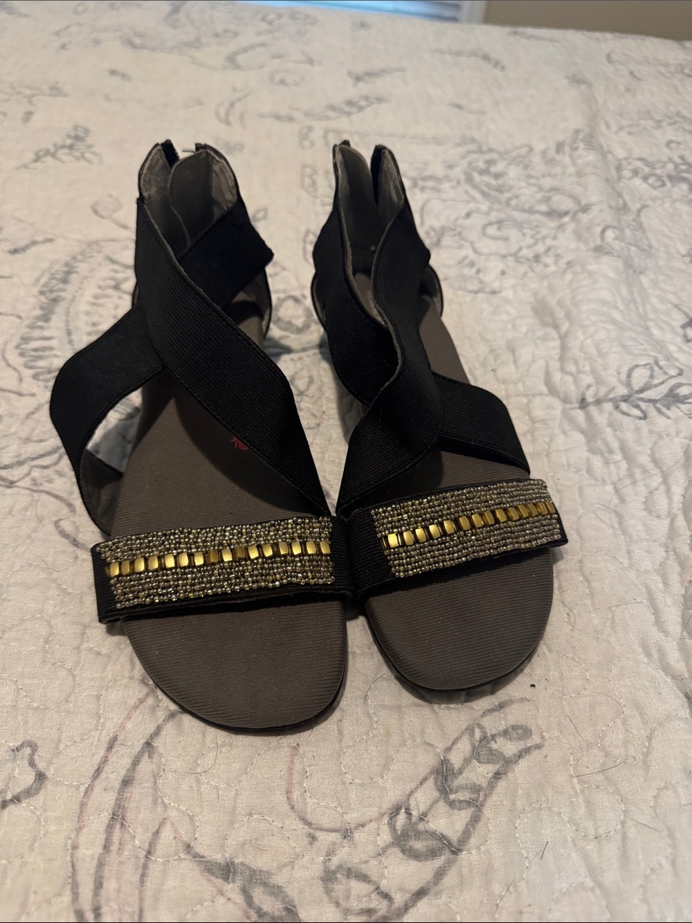 Ros Hommerson Black Strappy Sandals with Gold Beaded Accent